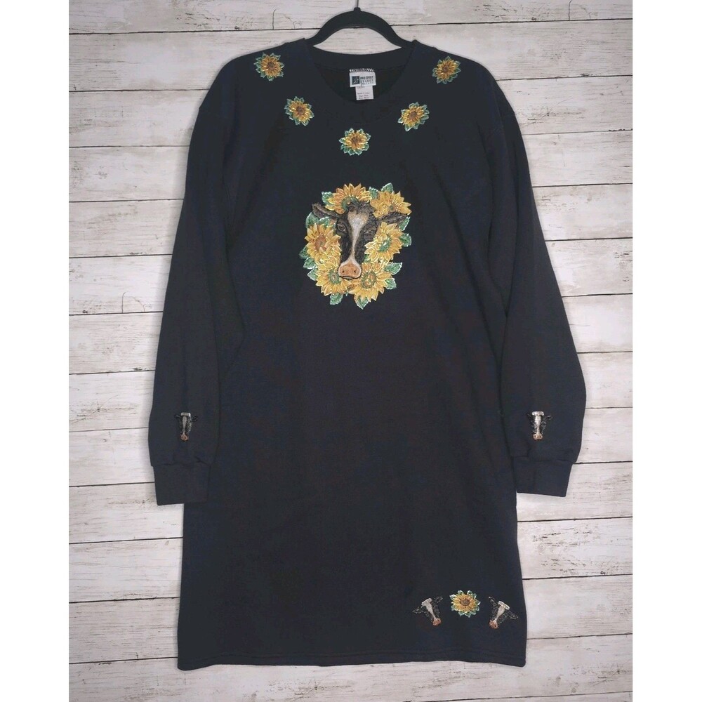 Vintage Sweatshirt Dress Cow Sunflower Puffy Paint Wearable Art 80s 90s One Size